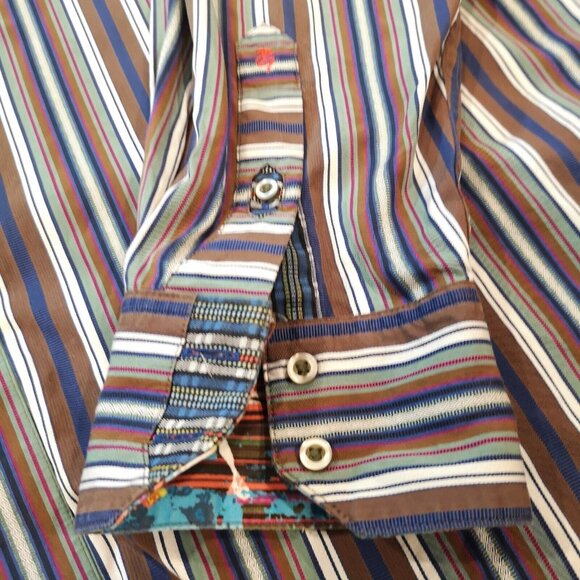 Robert Graham Button down Shirt XL Flip Cuff Aztec Brown Blue Stripe - Picture 5 of 13